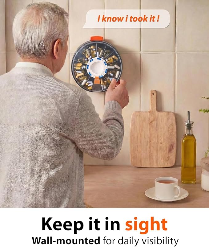 Pill Dispenser 14 Day – Rotating Medicine Organizer Wheel with Push Button | Wall Mounted or Desktop Manual Pill Dispenser for Elderly & Seniors, Large Capacity Vitamin & Medication Organizer