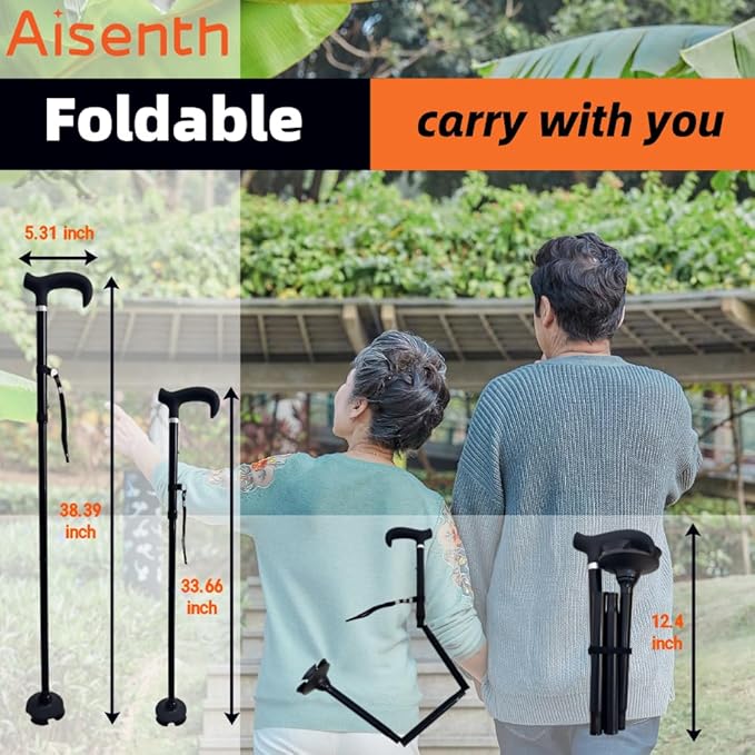 Walking Cane Crutches for Adults,Men&Women Seniors-Foldable Adjustable Lightweight Walking Stick with Waterproof Slip-Resistant Handle,360°Rotating Base&Wrist Strap-for Daily Support
