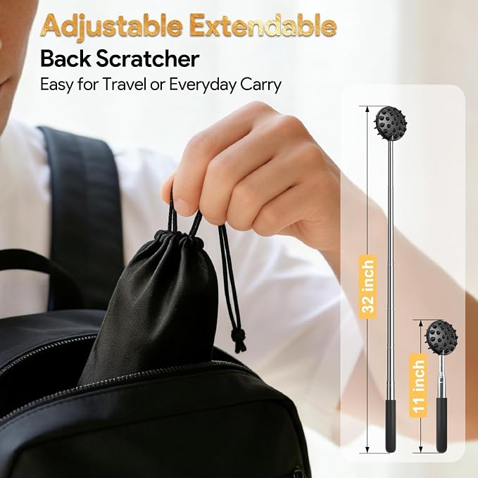 Telescoping Back Scratcher with 5 Detachable Heads, Gift for Men Black | 10-30" Reach, Stainless Steel Pole, Rubber Grip, Christmas Stocking Stuffers, White Elephant, Anniversary and Birthday Gift
