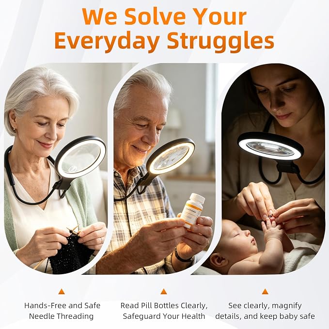 Magnifying Glass with Light for Reading & Crafts, 3-in-1 Rechargeable Neck Magnifier with Comfort Sponge, 5X 10X Optical PMMA Lens, 30 LEDs (3 Colors), Hands Free Magnifier for Seniors, Sewing