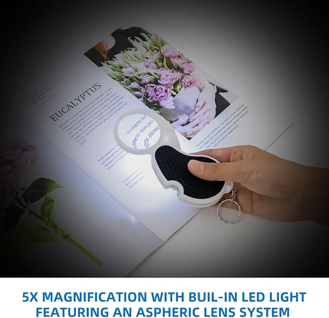 Magnifying Glass with Light, 5X Pocket Magnifier, Lightweight LED Illuminated Magnifying Glass for Reading, Macular Degeneration, Inspection, Jewellery, Coins, Hobbies & Crafts