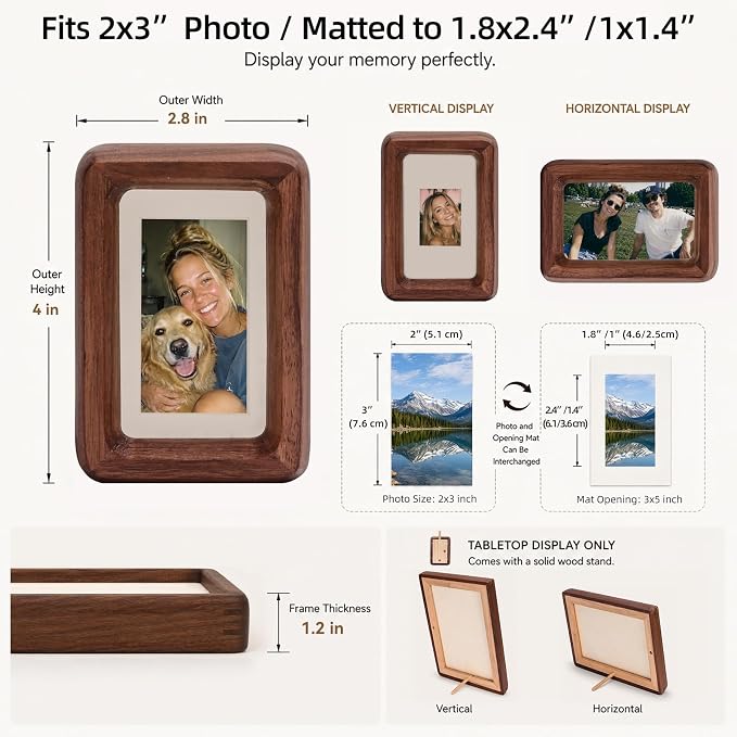 Natural American Black Walnut Wood Picture Frame, 2x3 Inch Small Solid Wooden Photo Frame with Decorative Joinery Corners, Instax Frame / Polaroid Frame / Instax Mini, Tabletop Display for Desk / Shelf, Horizontal / Vertical, Home Decor Holiday Gift ( ...