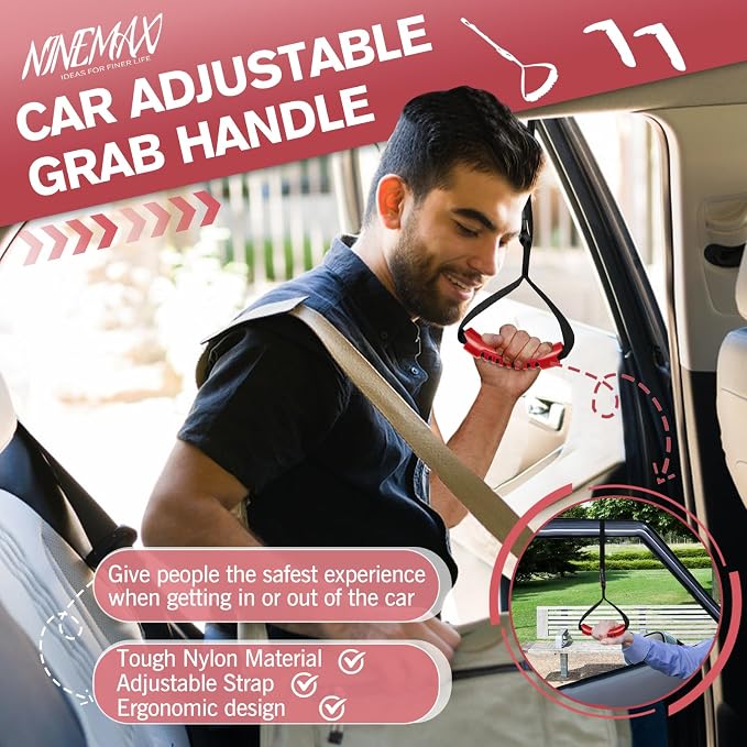 NINEMAX Car Door Handle for Elderly, Car Handle Assist (1 pc with Strap) | Portable Vehicle Entry Assist, Provides Stable Grip for Seniors, Lightweight Car Cane Design, Fits Most Vehicles