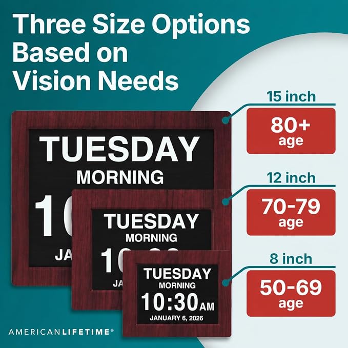 American Lifetime New 2026 Dementia Clock Large Digital Clock for Seniors, Alzeimer Clock Large Display with Custom Alarms, Clock with Day & Date for Elderly, Digital Calendar Mahogany, 15 Inch