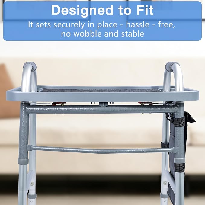 Walker Tray for Seniors with Dual Cup Holders & Side Pouch (Gray) | Durable Food & Drink Table, Lightweight with Non-Slip Pad, Compatible with Walker of 10210-1 Model