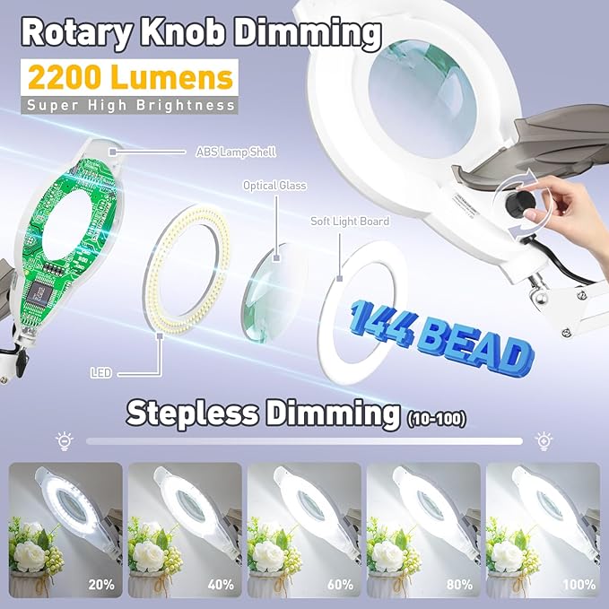 10X Magnifying Glass with Light and Stand, NUEYiO 2200 Lumen Stepless Dimmable Magnifying Floor Lamp, 2-in-1 Adjustable Metal Swing Arm Lighted Magnifier, Mag Lamp for Estheticians Crafts Facial