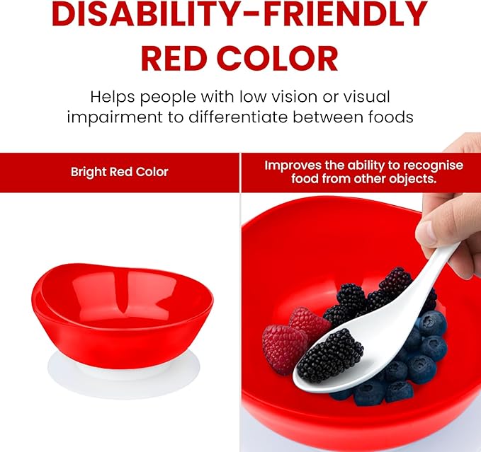 2Pack Spill Proof Scoop Bowl with Non-Skid Suction Base, Adaptive Self-Feeding Dinnerware for Elderly and Disabled(Red)