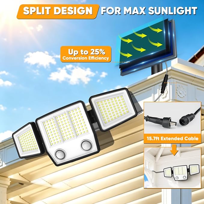 MDCMDCM Split Solar Lights Outdoor Waterproof with Dual Motion Sensors - 15.7ft Cable 3000LM Solar Security Light for Garden Patio Pathway Fence, IP65 Waterproof Solar Flood Lights (3, White, White)
