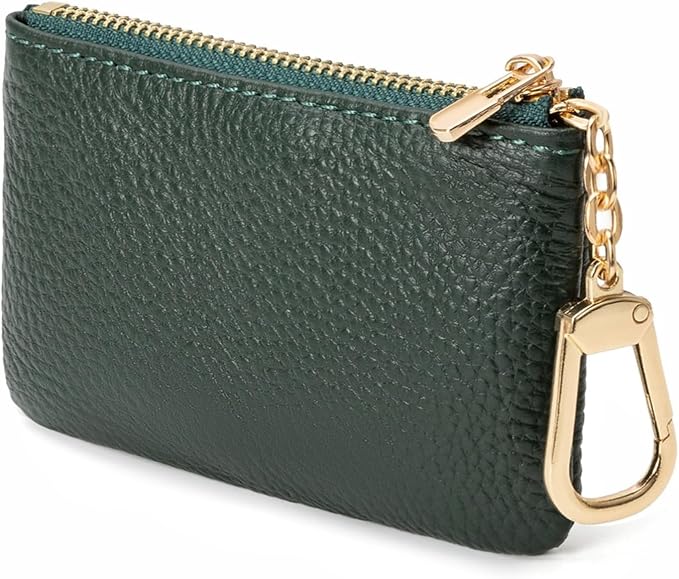 Full Grain Leather Coin Purse with Key Chain - Small Change Purse Keychain Card Holder Keychain Pouch Small Keychain Wallet for Women and Men (Forest Green)