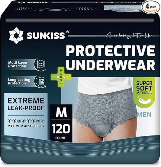 SUNKISS Incontinence Underwear for Men, Daytime Disposable Adult Pull Ups, Mens Protective Briefs with Maximum Absorbency, Medium, Grey, 120 Count
