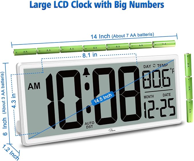 WallarGe 14.5'' Large Digital Wall Clock Battery Operated with Jumbo Numbers, Temperature and Date - Easy to Read and Set, Auto DST