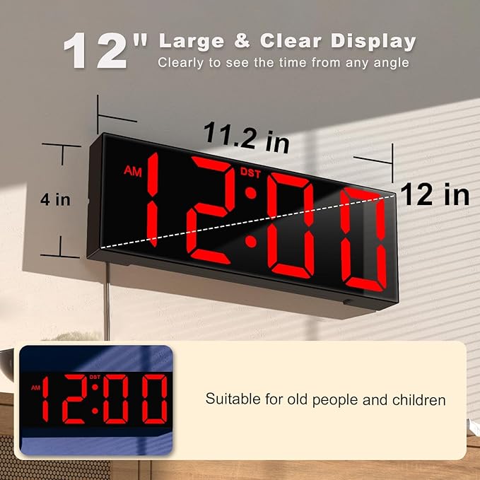 JALL 12" Large Digital Wall Clock, Big LED Number Dispaly, RGB Colors, DST, Night Light for Classroom Living Room Bedroom Mounted Birthday Xmas Gift for Senior, Black Shell, Red Font