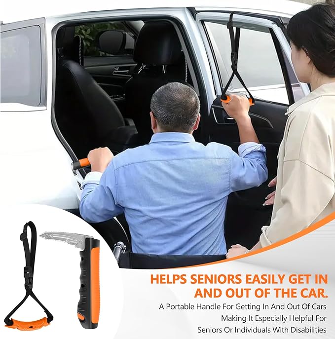 Car Door Handle for Elderly - 2025 New 3-in-1 Car Handle Assist, 2 Pack Auto Cane Portable Vehicle Support Handle Door Assist Bar, Max Load 500 Lbs, Anti-Slip Design (Orange-Car Handle +Strap)