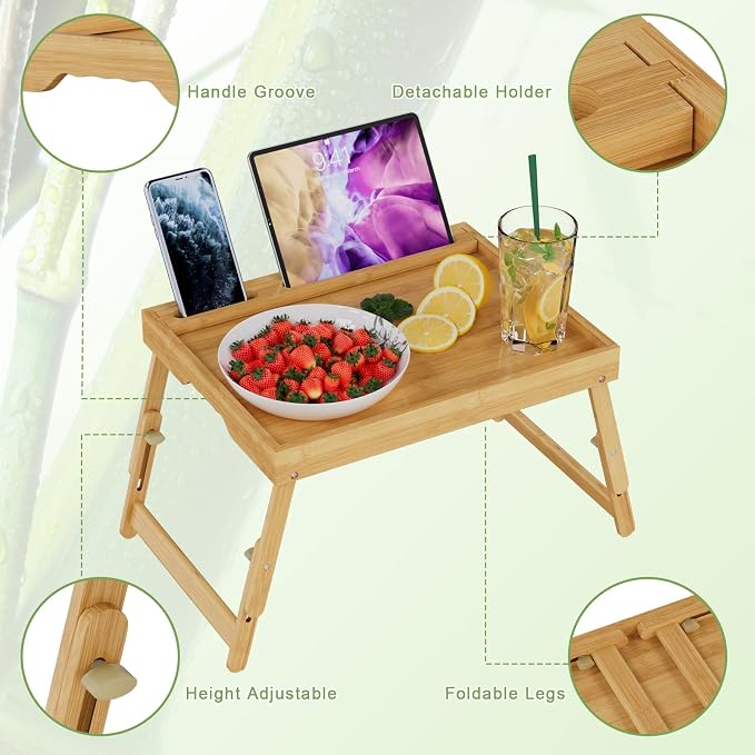 Artmeer Adjustable Bamboo Bed Tray Table with Device Slot, Large, Bamboo | Adjustable FSC-certified bamboo bed tray with device slot, folding legs and handles for meals, laptops and reading in bed.