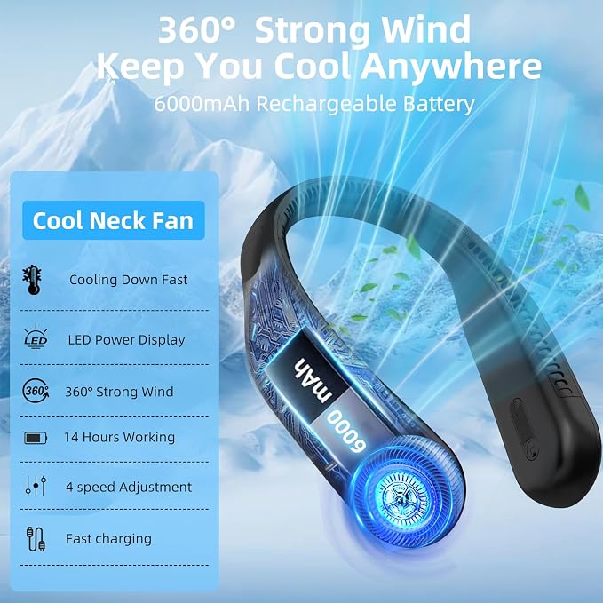 Portable Neck Fan, Personal Wearable Bladeless Fan, 6000mAh USB Rechargeable, 360° Airflow, LED Display, 4-Speeds, Hands Free Fan for Outdoor Indoor, Birthday Gifts for Men Women Dad Mom (Black)