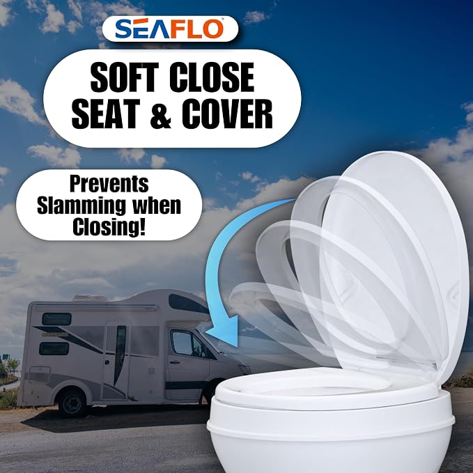 SEAFLO RV Toilet with Sprayer Attachment - White, 18.4” Residential Height, Gravity Flush Foot Pedal Camper Toilet Soft Close Seat Elongated Bowl Motorhome, 4-Year Warranty, SFRTPH-01-02