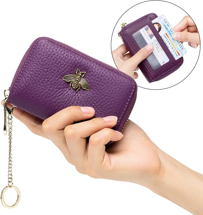 imeetu RFID Credit Card Holder, Small Card Wallet Women, Leather Card Case | Genuine Leather Women's Card & id Cases, Change Coin Purse with Zipper Keychain id Window, 20 Colors & 3 Styles, Daily, Gifts