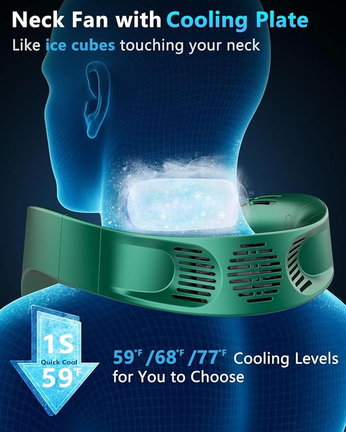 FWV Personal Neck Fan with Cooling Plate, Noiseless 5-Speed Airflow, 5500mAh 3-24H Battery, LED Display Wearable Head Fans, Bladeless Portable Neck Air Conditioner for Worker Traveler Runner Green
