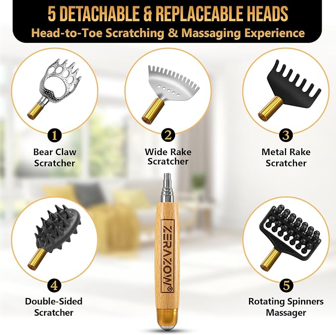 ZERAZOW® Extendable Back Scratcher for Men & Women, Telescoping Wooden Back Scratcher Set with 5 Detachable Heads, Head & Scalp Scratcher, Back Massager Stick, Fathers Day Gift