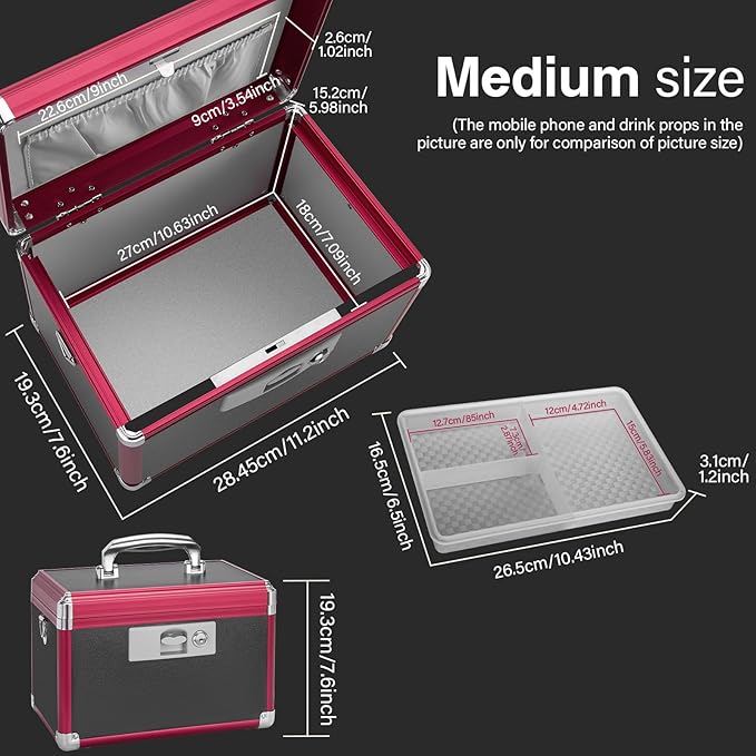 GODLONSEN Medicine Lock Box for Safe Medication - 11.2 x 7.6 x 7.6 Inches - Lockable Storage Box for Drugs, First Aid Kit Empty, Lock Boxes with Key for Home/Outdoor (Black & Red/Medium)