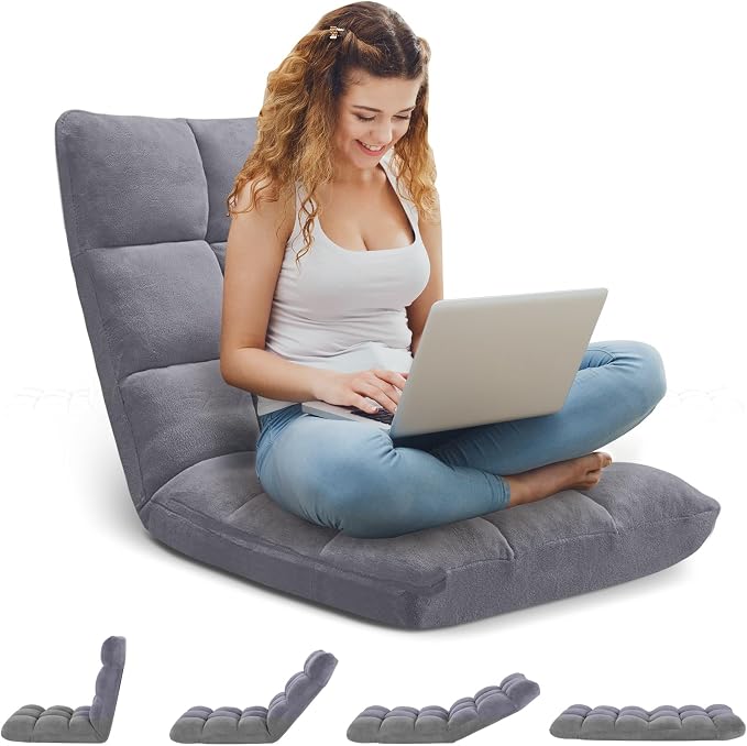 Folding Floor Gaming Chair 14-Poistion Cushioned Adjustable Floor Lazy Sofa Chair w/Breathable Cotton & Skin-Friendly Coral Velve for Adults & Kids Perfect for Reading Gaming Meditating, Grey