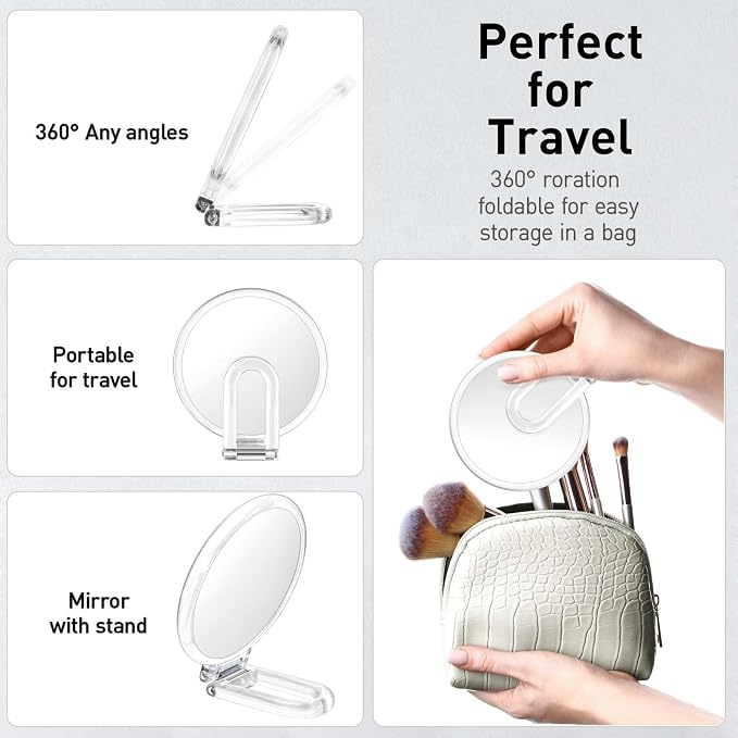 CLSEVXY Magnifying Handheld Mirror Double Sided, Magnification Hand Mirrors, Travel Folding Hand Held Mirror, 360°Rotation Pedestal Makeup Vanity Mirror