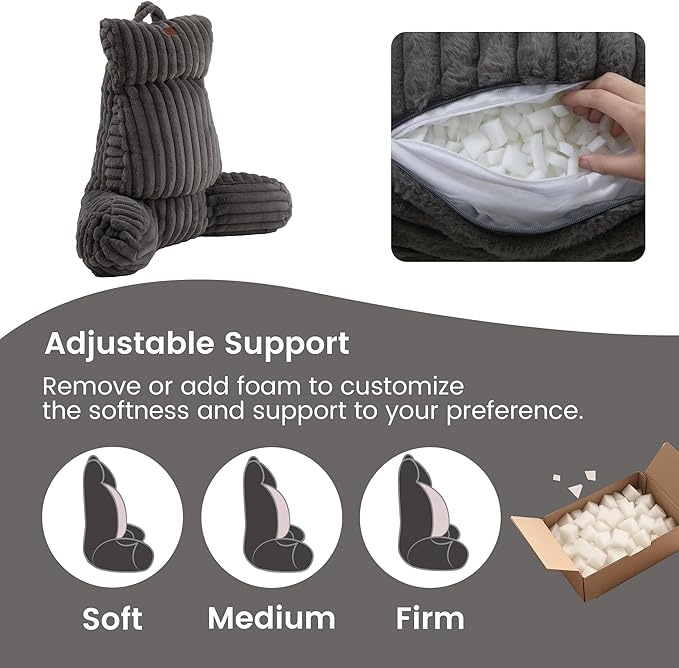 Amélie Home Faux Fur Reading Pillow with Pocket for Sitting in Bed, Adult Backrest Bed Pillow with Washable Cover for Lounging, Study & Relaxing, Grey 25 inches