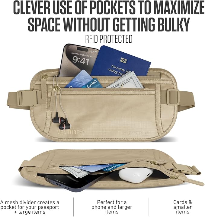 VENTURE 4TH Travel Money Belt, RFID Blocking Passport Holder - Sleek Beige
