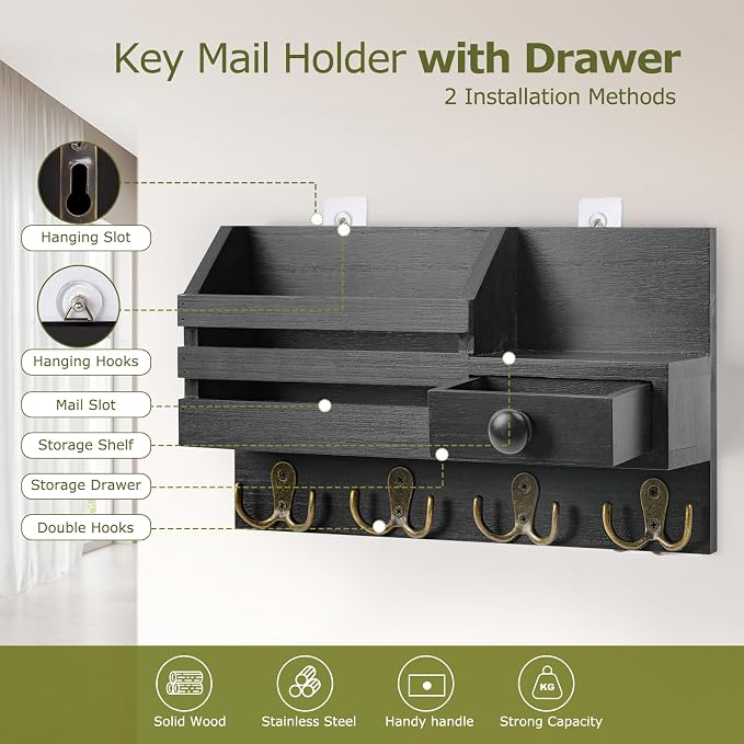 Key Holder Wall Mount, Wooden Key and Mail Organizer, Black | 2 Mount Options, Includes 8 Hooks, Fence Mail Slot, Small Drawer and Shelf, for Entryway, Hallway, Doorway, Living Room, RV
