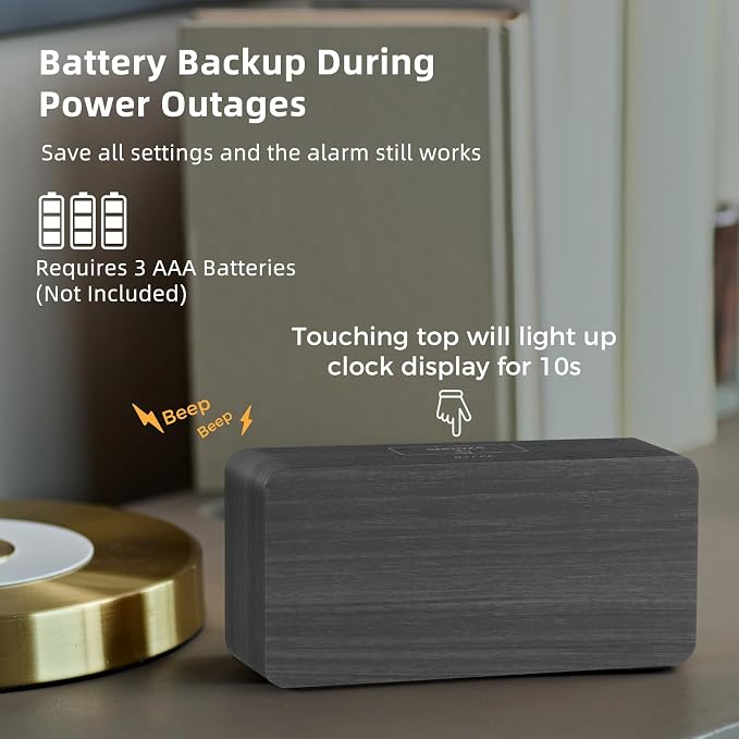 uscce Wooden Digital Alarm Clocks for Bedrooms with 0-100% Dimmable Display | Desk Clock with Large Numbers for Living Room - Loud Dual Alarm for Heavy Sleepers with Volume Control - Wood Decor & Gifts