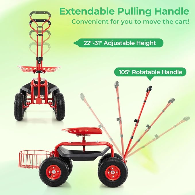 Garden Seat with Wheels, Rolling Stool with Extendable Handle, Storage Basket & Tool Tray, Garden Scooter with 360 Degree Swivel Seat for Outdoor & Yard (Red)