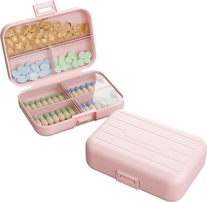Travel Pill Box, Double Layer 7-Compartments Large Pill Organizer, Portable Weekly Pill Case Container for Pocket, 7 Day Compact Medicine Holder for Vitamins, Fish Oils, Supplements Pink