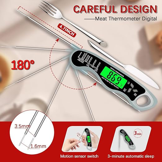 Cooking Thermometer，IP67 Waterproof Meat Thermometer Digital | Backlight，Magnetic attraction，Hold Function，Instant Read，LED screen，for Cooking,Outdoor Grilling