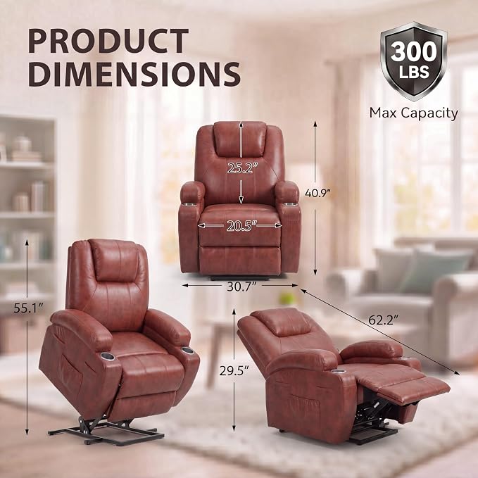 JUMMICO Power Lift Recliner Chair for Elderly with Vibration Massage | Recliner Chair Ergonomic Lift Chair Cup Holder for Living Room (Leathaire, Light Brown)