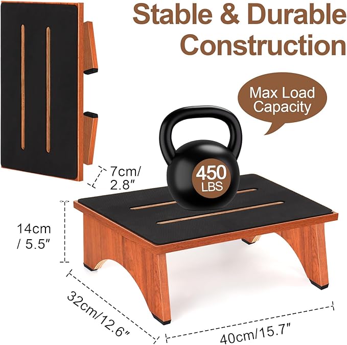 Step Stool Foldable, Wooden Step Stool with Non-Slip Rubber Stepping Platform, Folding Step Stools for Adults Seniors in Bedroom, Kitchen Bathroom, RV, Bed Steps for High Beds, No Assemble (Brown)