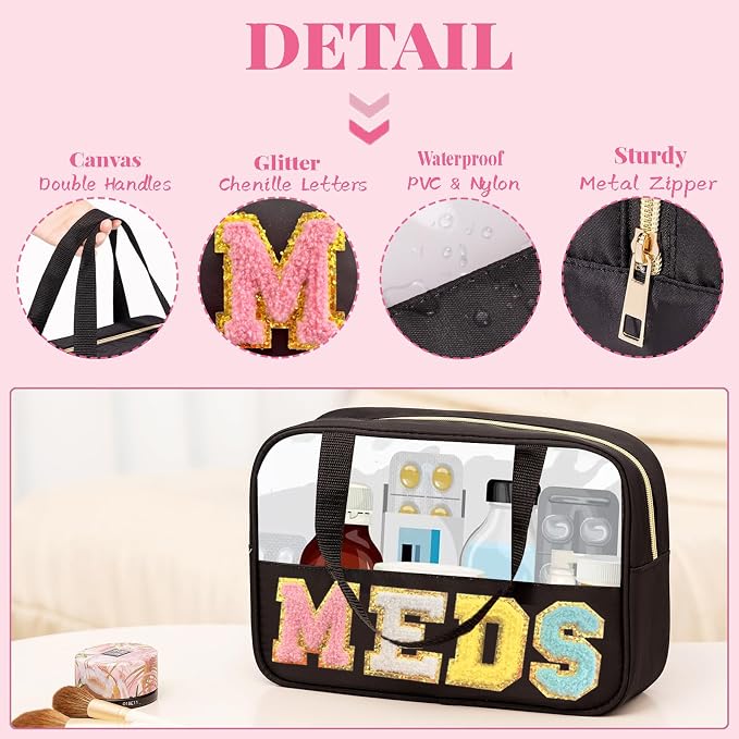 2 Pcs Chenille Letter MEDS Bag Clear Small Medical Medicine bag for Traveling Preppy Emergency Patch Bag with Handle and Zipper Waterproof Nylon Portable Makeup Bag for Women