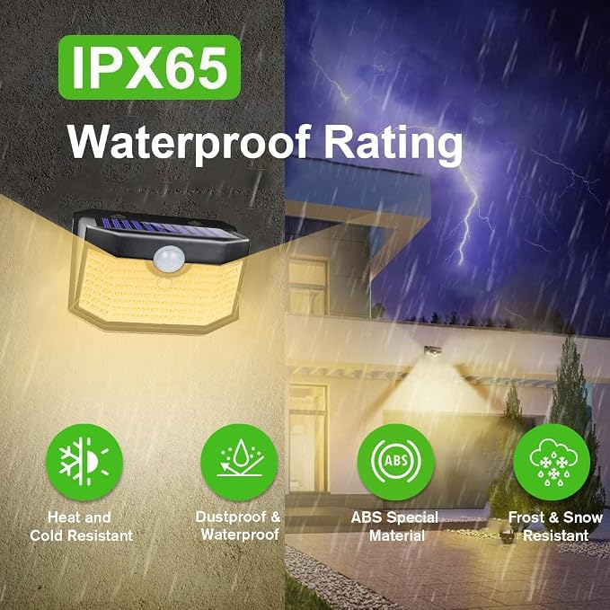 HMCITY 120 LED Solar Lights Outdoor Motion Sensor, 6 Pack, Black Warm | 3 Lighting Modes, IP65 Waterproof, Front Button Control, Wide Solar Wall Lights Ideal for Garden Patio Yard