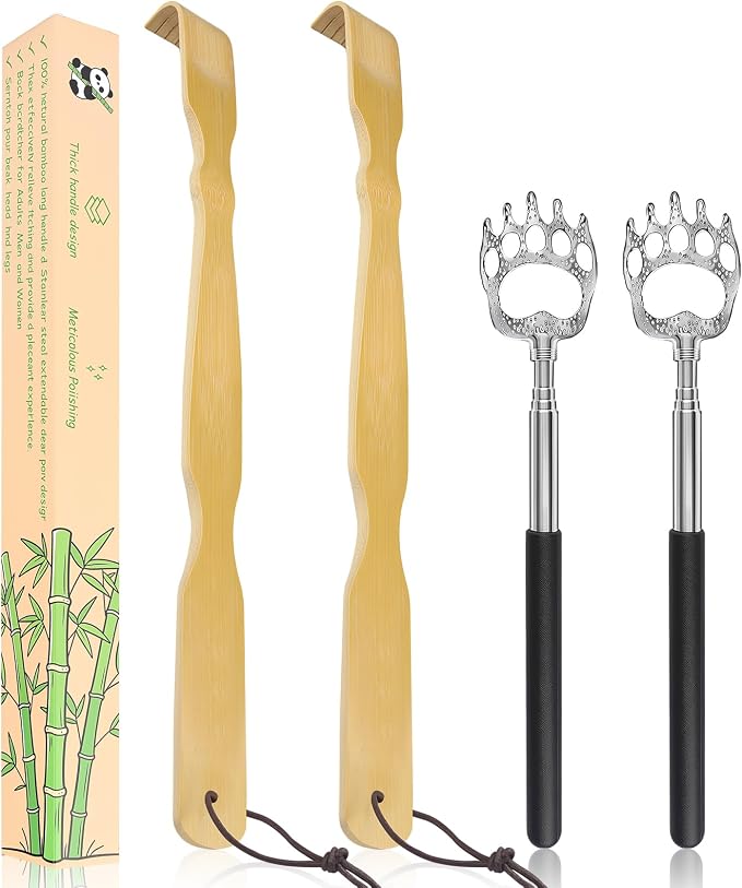 4Pcs Back Scratcher Set, Bamboo & Extendable Stainless Steel | Bear Claw Back Scratcher,BackScratcher Gift for Elderly Men Women Adults (Natural+Black)