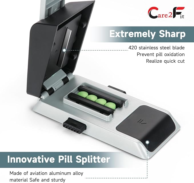 Auto Centering Pill Cutter Device, Pill Splitter Made of Aviation Aluminum Alloy with 402 Stainless Blade, Anti Cut Design,Ergonomic Operation Control,Designed in The USA (Silvery)