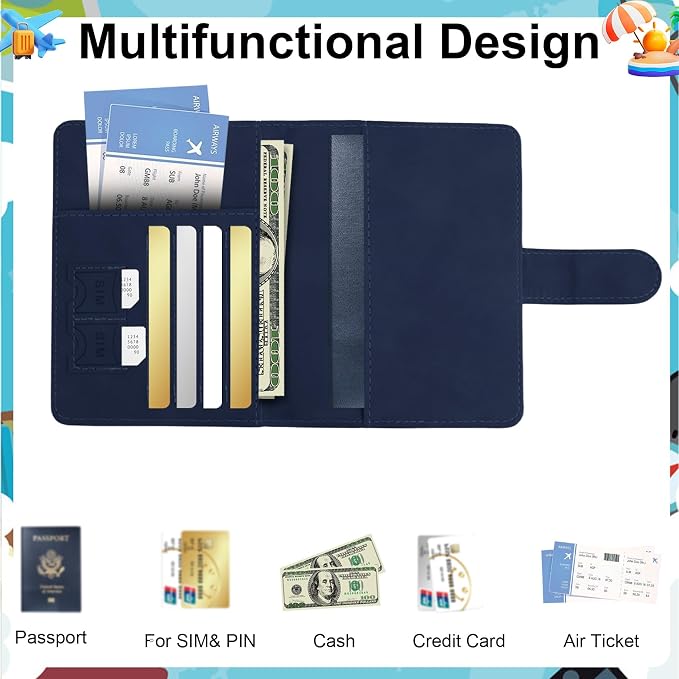 Passport Holder for Travel Essentials, Dark Blue Leather Passport Cover, Passport Wallet Holders for Women Men Family Travel Gifts Must Have Accessories, Credit Card Cash Air Ticket Storage Supplies