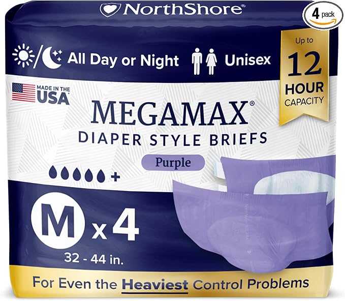 NorthShore MegaMax Made in USA 12-Hour HBL Adult Diapers for Heavy Bladder Leaks, Medium, 4 Count, Purple, 32-44 inches, Tab-Style Incontinence Underwear for Men, Women & Teens