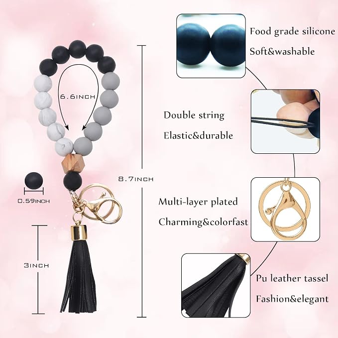 BAOSIWA Silicone Key Ring Bracelet Wristlet Keychain Unique Beaded Bangle Key Chains for Women with Leather Tassel