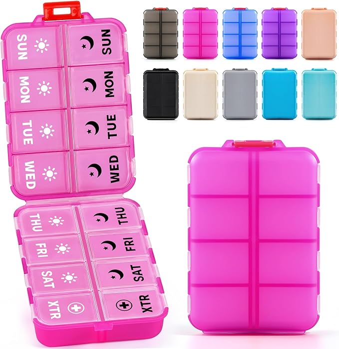 Foldable Weekly Pill Organizer 2 Times a Day with 2 Extra Compartments (Clear Printed Labels) - 7 Day AM PM Medicine Box, Week Daily Travel Pill Case Holder for Vitamin, Supplement - Clear Pink