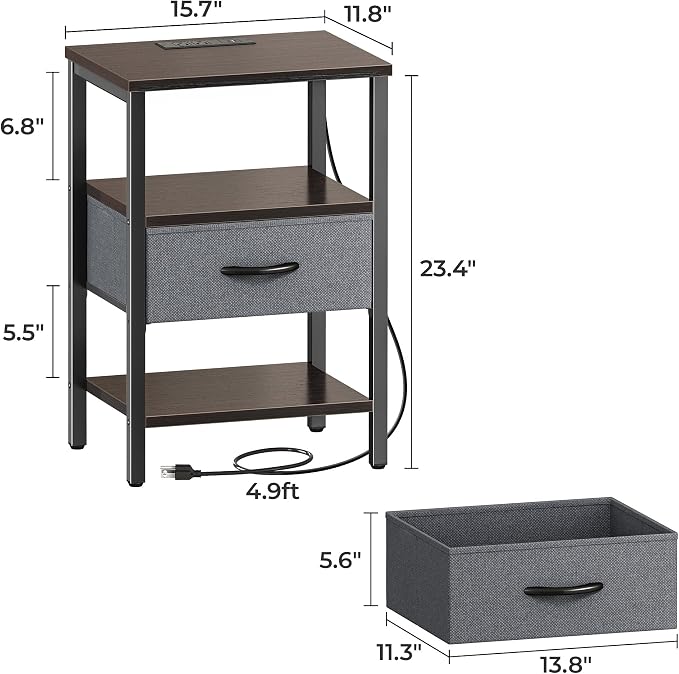 SUPERJARE Nightstand with Charging Station, USB-C Port, Bedside Table | Night Stand for Bedroom, with Adjustable Fabric Drawer, 3-Tier Storage End Table, for Living Room, Walnut