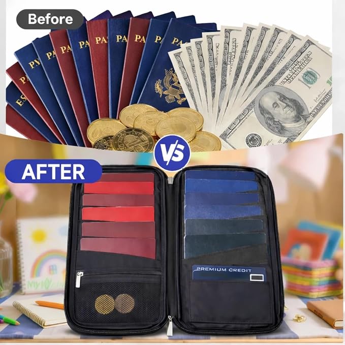 WALNEW Passport Holder Travel Family for 12, RFID Blocking Passport Wallet | Travel Documents Organizer with Zipper, for Cards, Cash, Boarding Passes, Tickets, International Travel Essentials