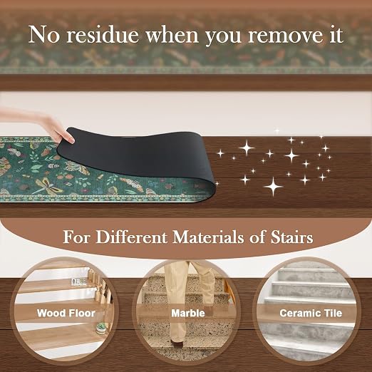 OJIA Insect Stair Treads Non Slip 15PC 8"x30" Stair Runner for Wooden Steps | Indoor Carpet Stair Treads Rubber Stair Mats Residue-Free Staircase Step Treads for Kids, Elders, Pets, Dark Green