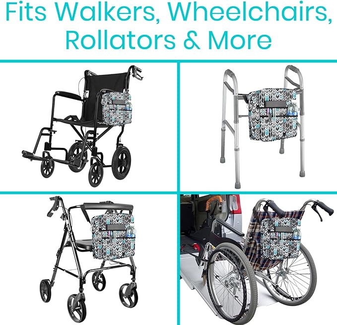 Vive Wheelchair Bag - Machine Washable, Double-Stitched, Water-Resistant Accessory Backpack for Rollators, Wheel Chairs, Walkers - Pouch with XL Pockets & Straps for Quick Installation