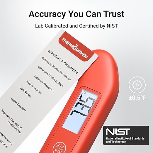 Professional Meat Thermometer Digital, ±0.5℉ NIST Certified Accuracy, Instant Read Food Thermometer for Cooking Grill, Fully Waterproof, Auto-Rotate Backlit Display, Motion-Sensing On/Off, Red