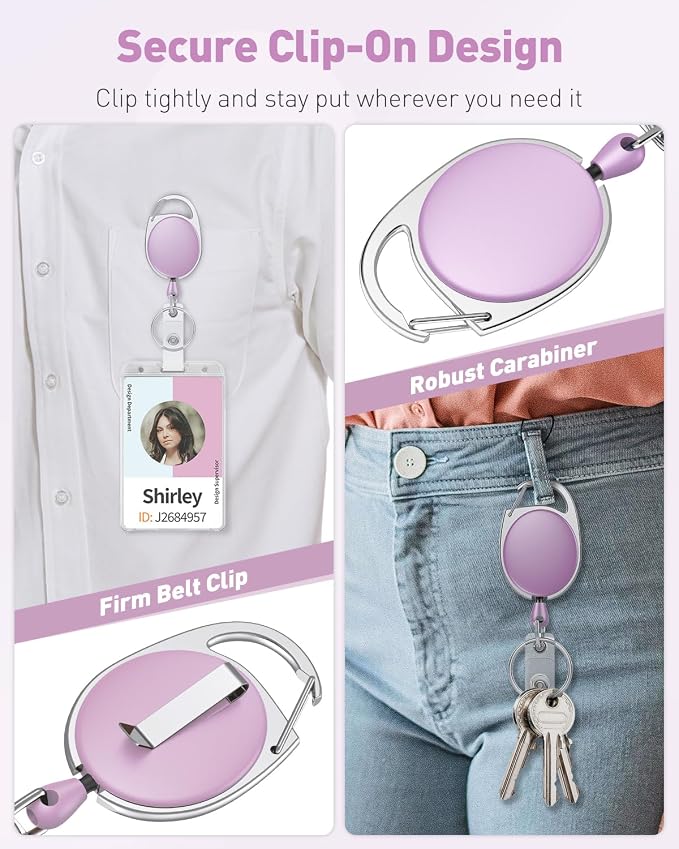 Uniclife 2 Pcs Retractable Badge Reel Keychain Clip Light Purple | Heavy Duty, Badge Holder Clip for Keys and ID Card, Key Chain Extender Aluminum Alloy Carabiner, with Carabiner Belt Clip