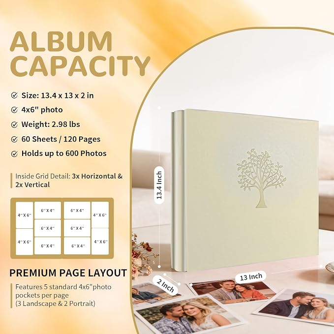 Photo Album 4x6 600 Pockets Photos, Large Capacity Leather Cover Photo Book | Slip-In Horizontal & Vertical Pockets Acid-Free Waterproof Picture Albums Great for Family Baby Wedding Holiday & Anniversary
